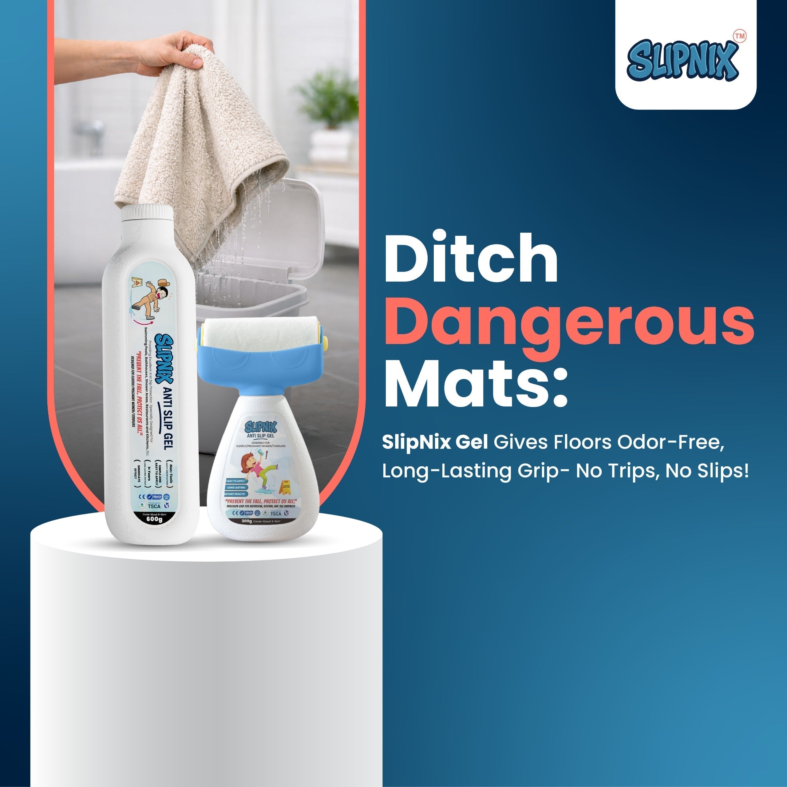 Anti-slip gel products displayed beside a towel and bathroom floor, promoting safer floors.