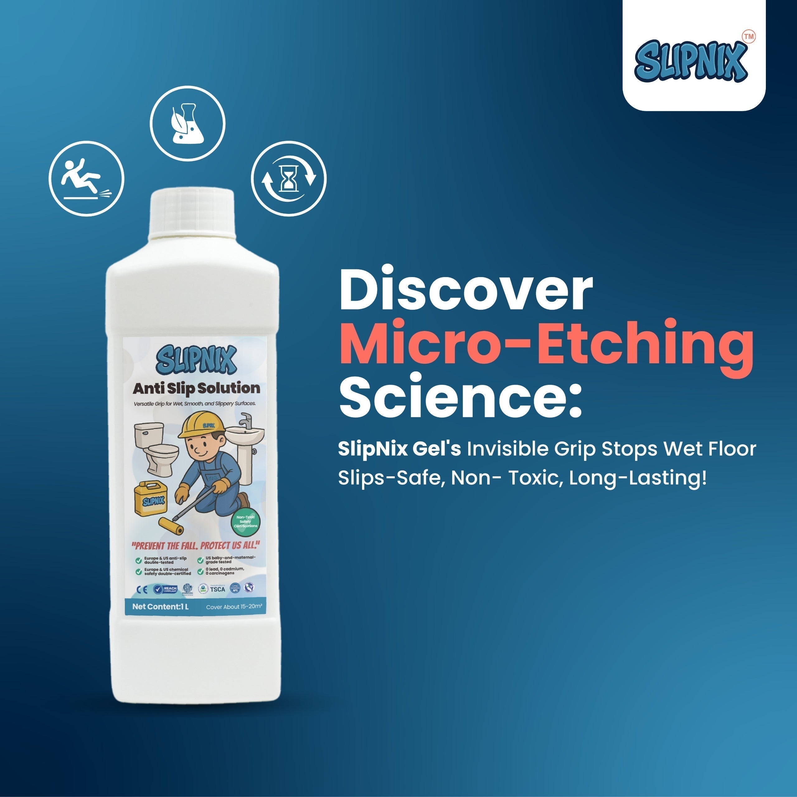 Anti slip floor solution bottle with icons and text promoting micro-etching grip for wet floor safety.