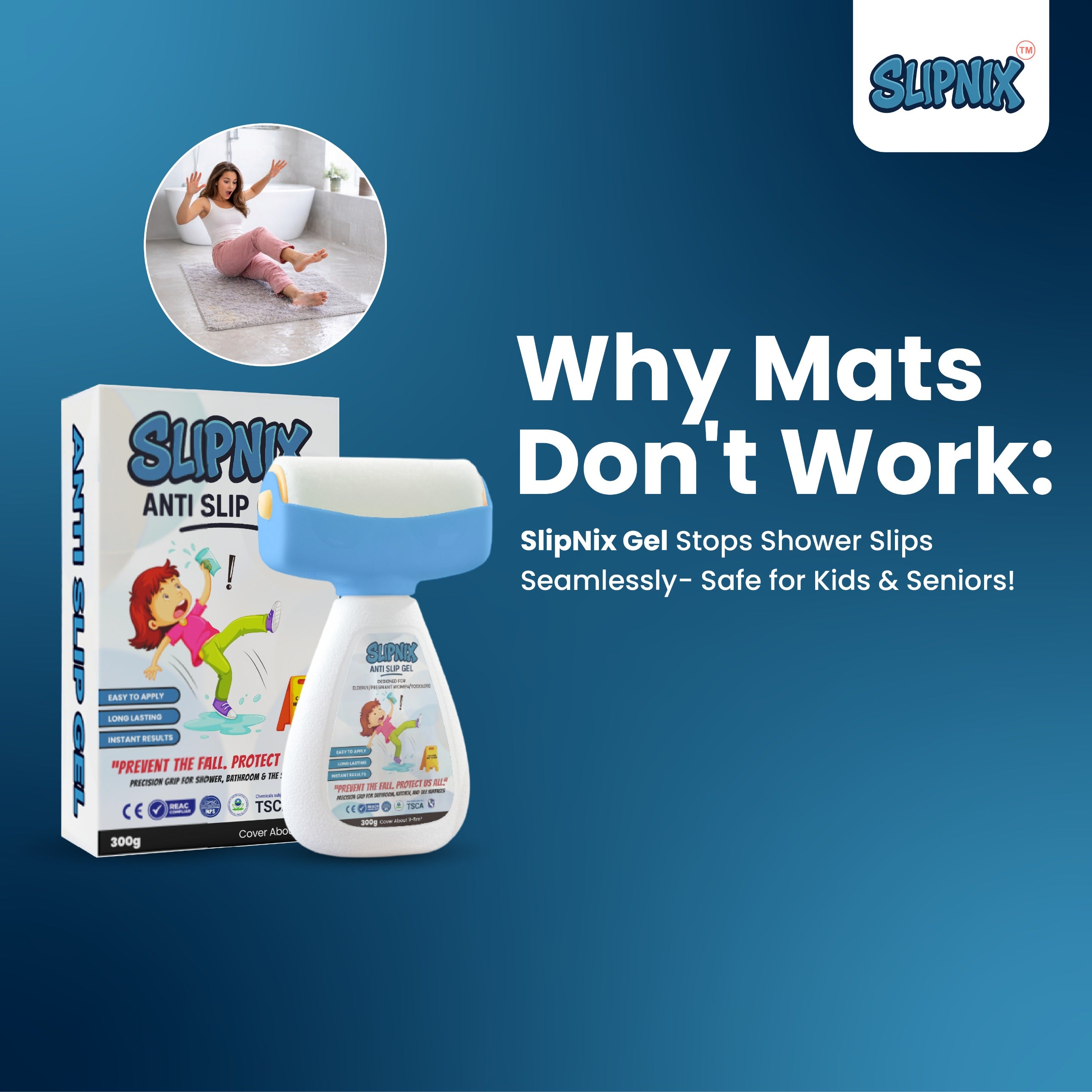 Anti-slip gel for preventing shower slips, safe for kids and seniors, with product image and person slipping on bathroom floor.