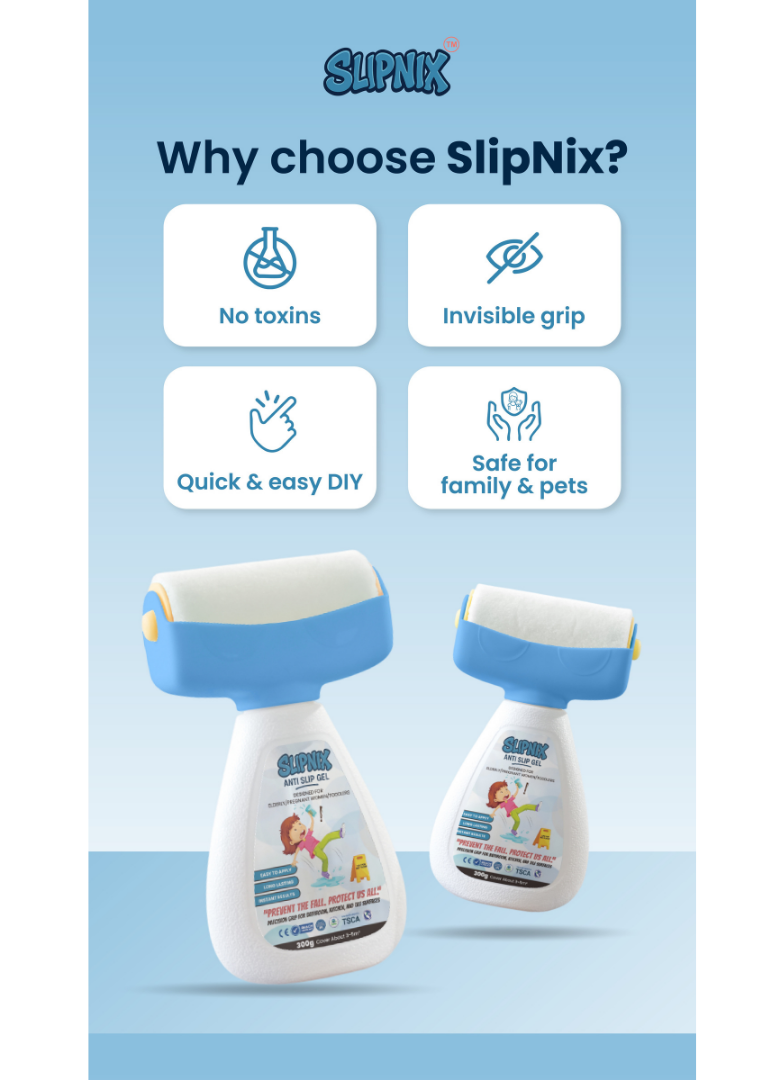 SlipNix slip-resistant non-slip adhesive strips shown on two white and blue adhesive pads, with promotional text and icons on a light blue background.