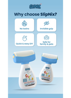 SlipNix slip-resistant non-slip adhesive strips shown on two white and blue adhesive pads, with promotional text and icons on a light blue background.
