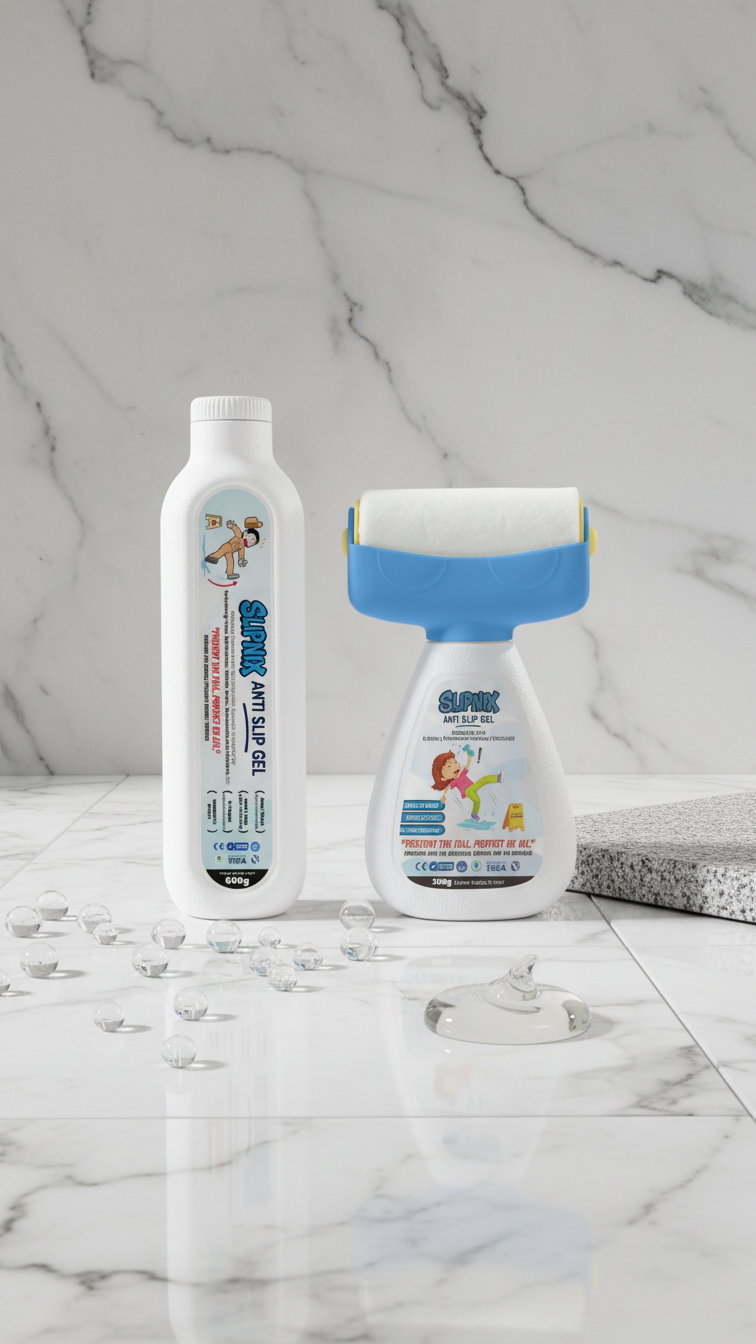 Anti-slip gel bottle and applicator displayed on wet marble floor with water droplets