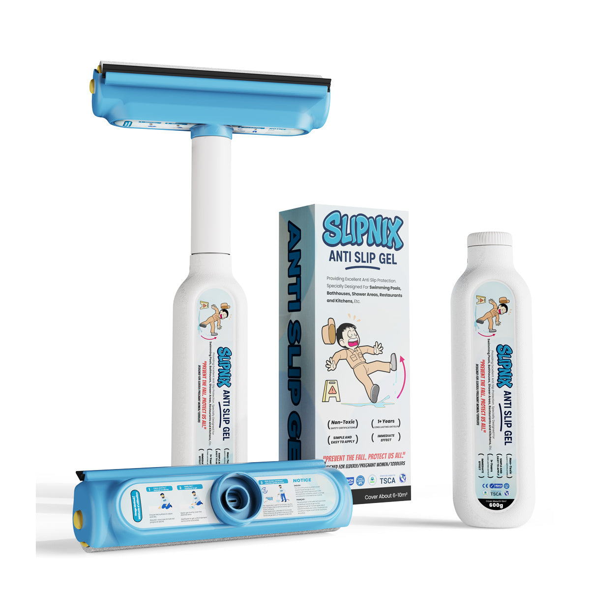 Anti slip gel floor protection kit with bottles, applicator, and packaging for wet floors