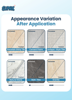 An informational graphic titled 'Appearance Variation After Application' showing six tile finish examples: Porcelain Shiny Tile, Cement Floors, Antique-Style Tiles, Natural Stone, Matt Tiles, and Granite. Each tile is split into Untreated and Treated sections with a diagonal dividing line.