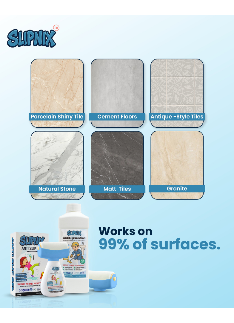 Supnix Multi-Action Tile & Floor Cleaner kit shown with product bottles, a box, and a sponge on a light blue background, alongside six tile sample swatches labeled Porcelain Shiny Tile, Cement Floors, Antique-Style Tiles, Natural Stone, Matt Tiles, and Granite.