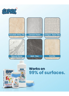 Supnix Multi-Action Tile & Floor Cleaner kit shown with product bottles, a box, and a sponge on a light blue background, alongside six tile sample swatches labeled Porcelain Shiny Tile, Cement Floors, Antique-Style Tiles, Natural Stone, Matt Tiles, and Granite.