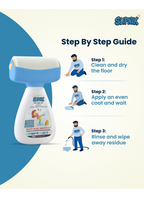 A product information graphic for SUPiNX Water & Spot remover. The left side shows the white and blue spray bottle, while the right side features a 'Step By Step Guide' with illustrated figures showing how to clean and apply the product.