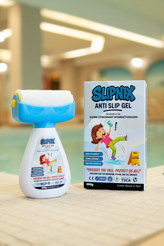 Slipnix anti slip gel bottle and box for elderly, pregnant women, and toddlers showing easy and long lasting use