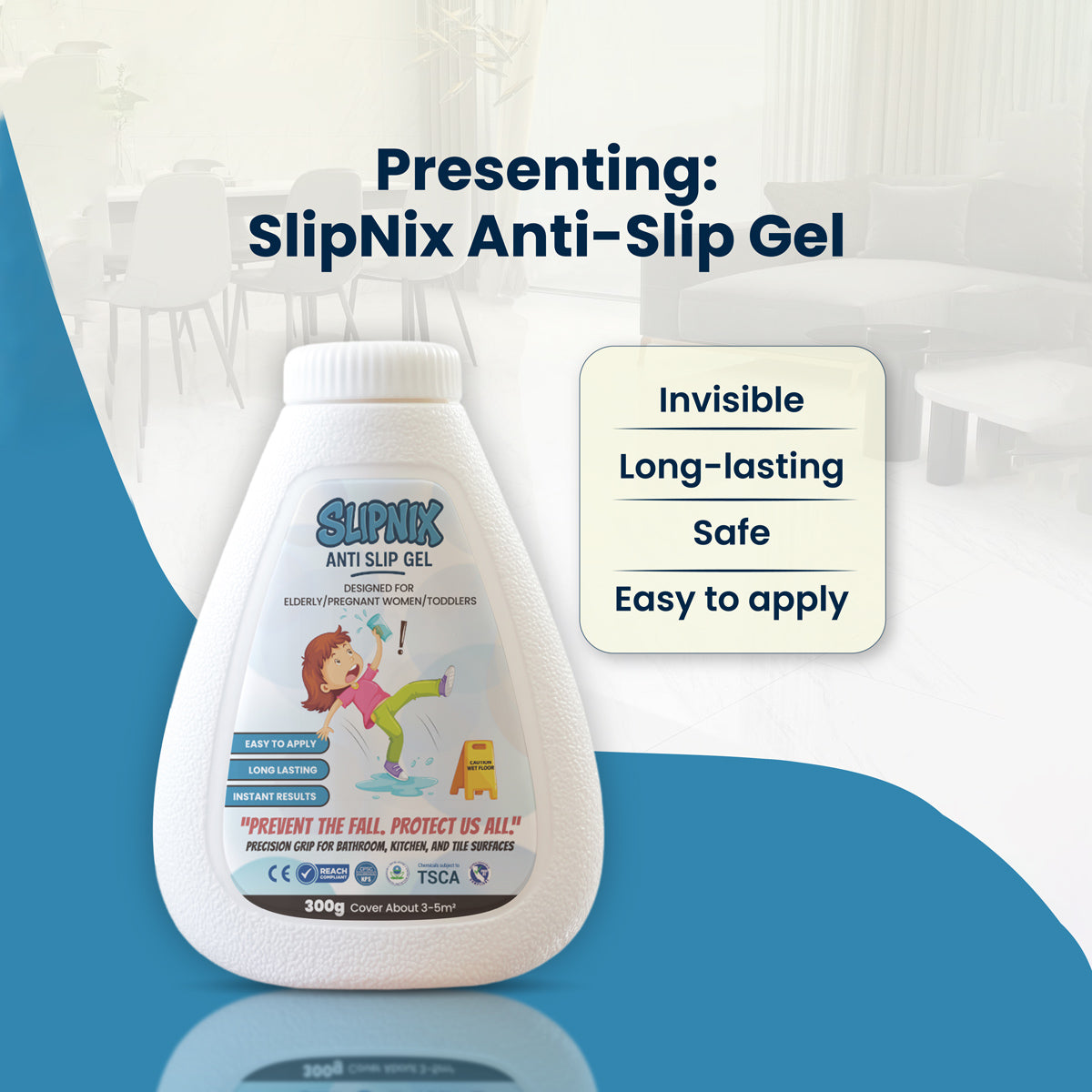 Anti-slip gel bottle for floor safety with product benefits text in modern living room setting.
