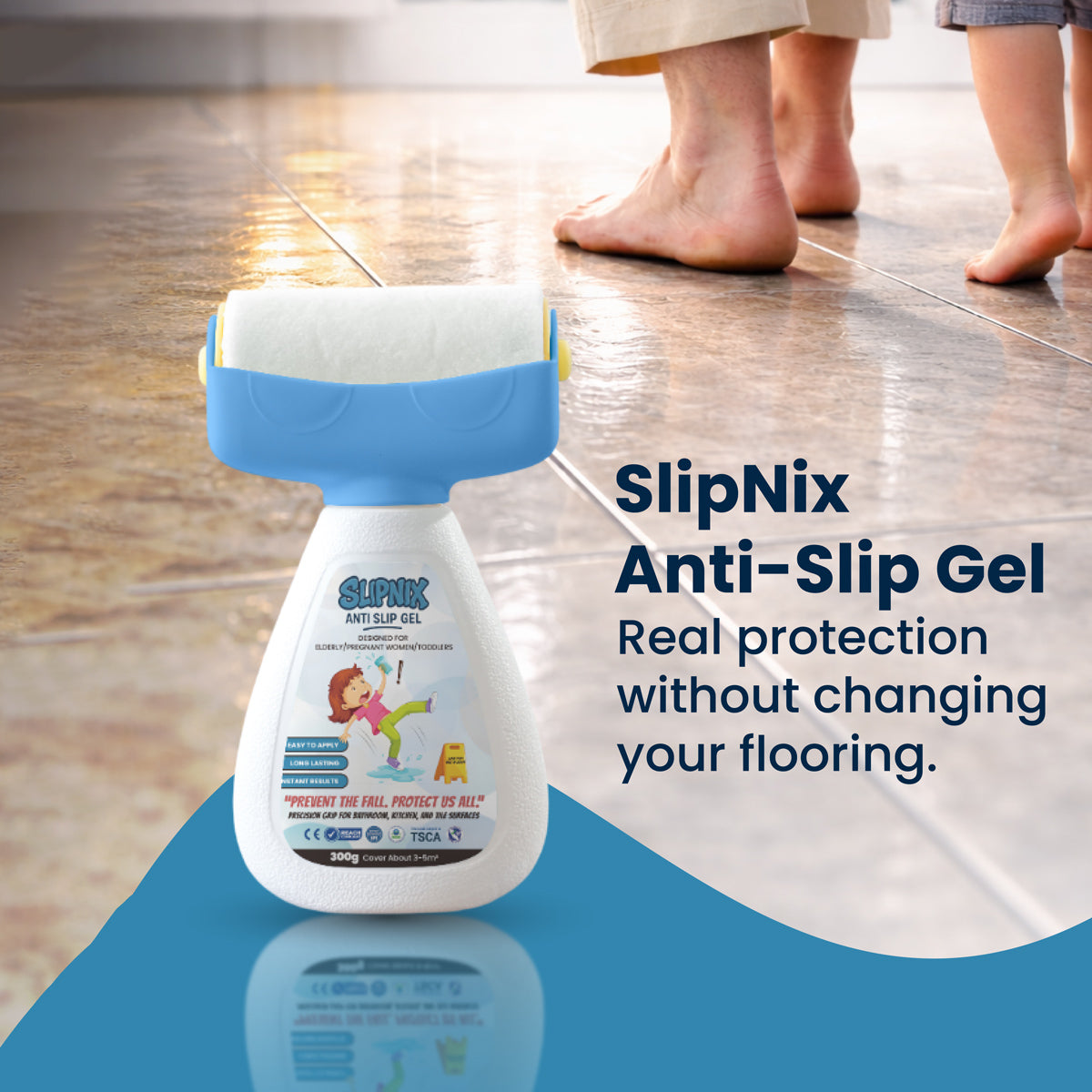 Anti-slip floor protection gel bottle on tile floor with bare feet in the background