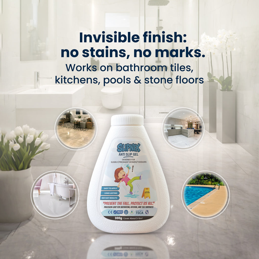 SlipNix anti-slip gel bottle with bathroom, kitchen, stone floor, and pool tile examples.