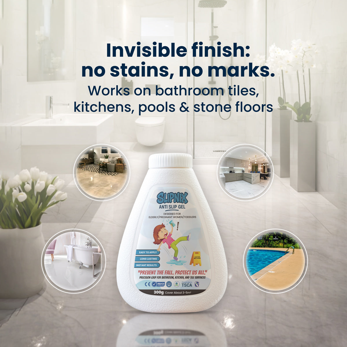 SlipNix anti-slip gel bottle with bathroom, kitchen, stone floor, and pool tile examples.