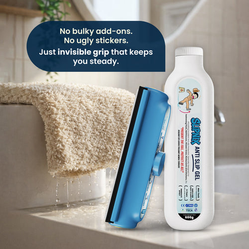 Anti-slip gel bottle and blue applicator beside a wet bath ledge with dripping towel.