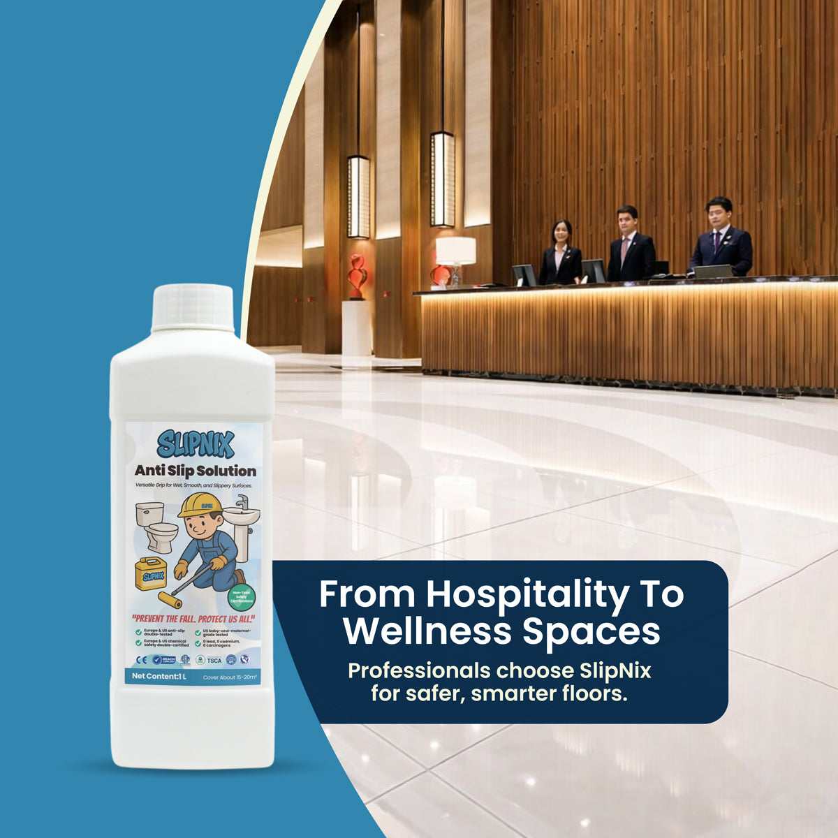 Anti-slip floor solution bottle with hotel lobby background and polished tile flooring