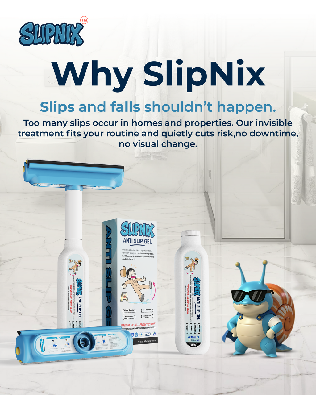 SlipNix slip prevention products on a tiled floor with a mascot character.