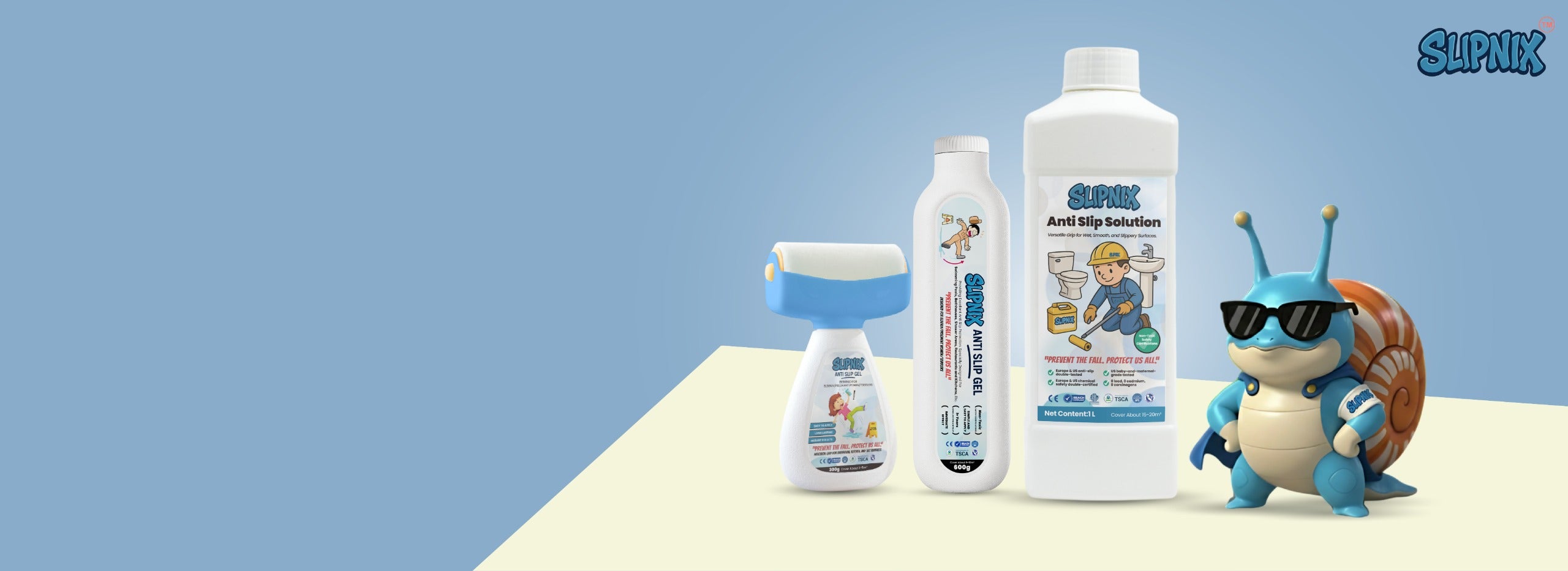 Hero banner, displaying our product range with our brand mascot