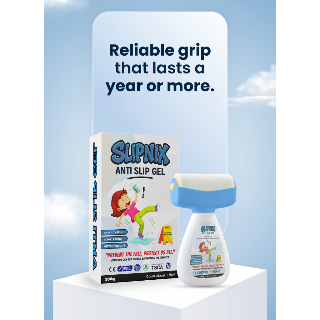 A box and bottle of Slipnix Anti Slip Gel displayed on a white pedestal against a light blue sky background with clouds. The packaging features cartoon graphics and the text 'Reliable grip that lasts a year or more.