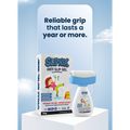 A box and bottle of Slipnix Anti Slip Gel displayed on a white pedestal against a light blue sky background with clouds. The packaging features cartoon graphics and the text 'Reliable grip that lasts a year or more.