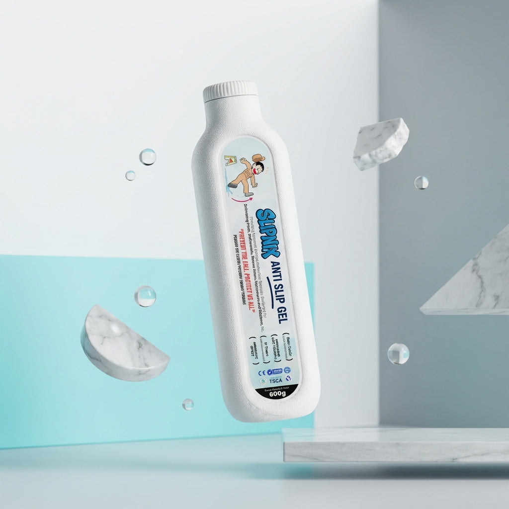 SlipNix anti slip gel bottle with floating marble pieces and water drops on a modern background