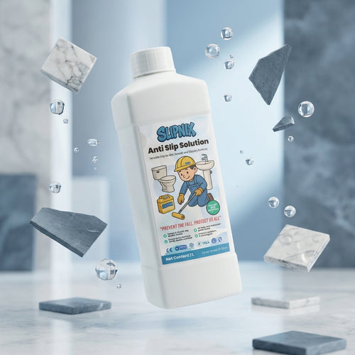 Anti slip floor solution bottle with marble tiles and water droplets on clean surface