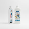 Two bottles of anti-slip floor gel and solution with cartoon safety graphics on white background.