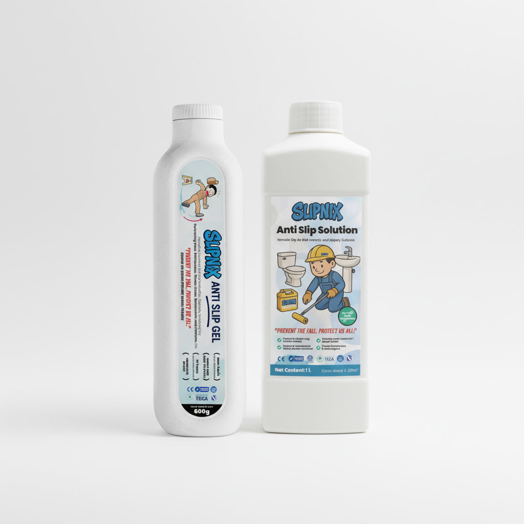 Two bottles of anti-slip floor gel and solution with cartoon safety graphics on white background.