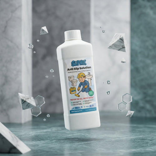 Anti-slip floor protection solution bottle with illustrated label, floating in a marble bathroom setting