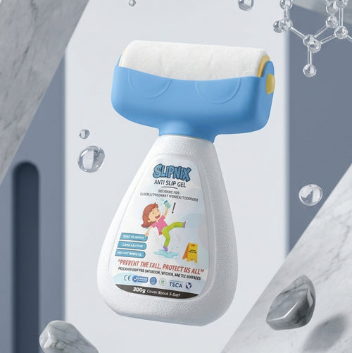 Anti-slip gel bottle with blue roller applicator, labeled for safer wet floors, floating among water droplets and marble surfaces.